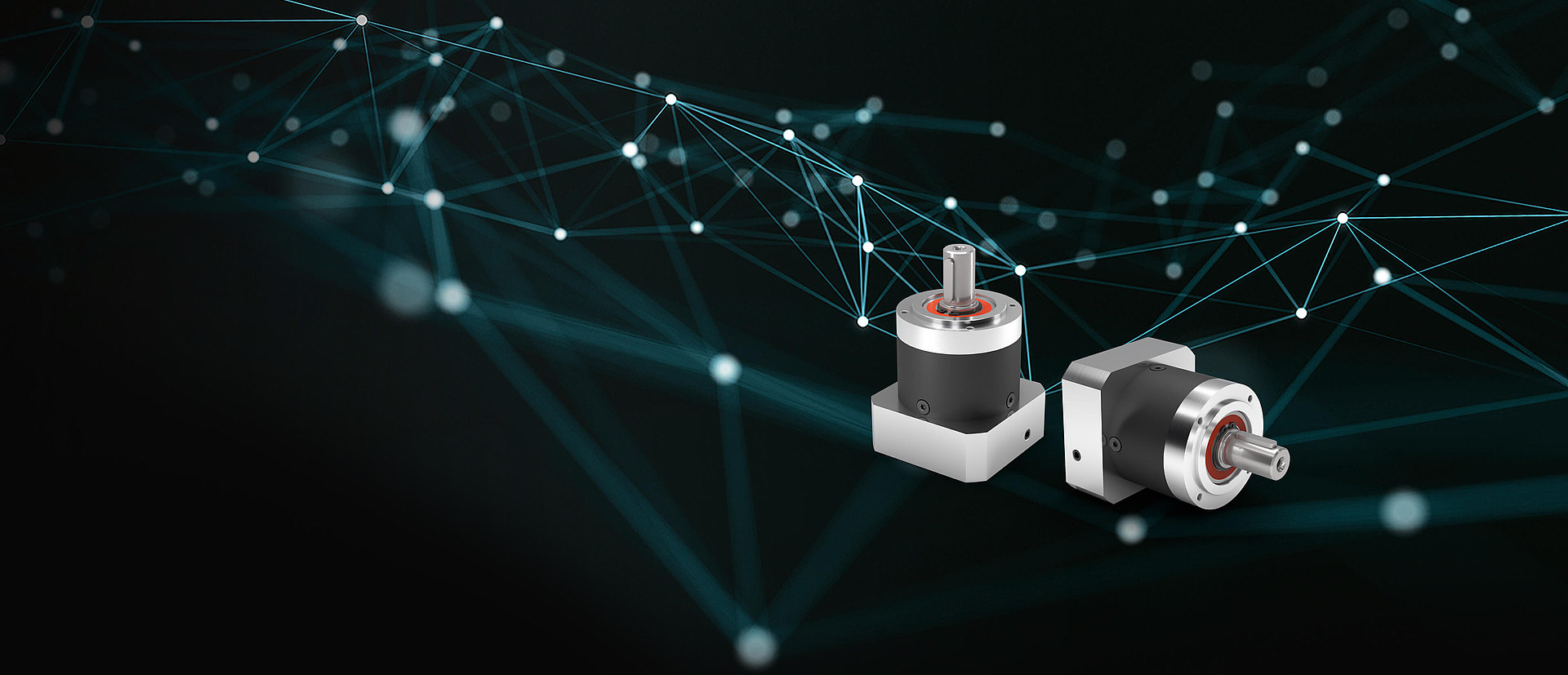 Two servo planetary gearboxes on the black background with blue nodes