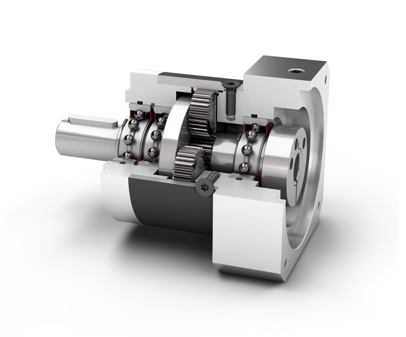 Gear reducer with round output flange and exposed internal gears